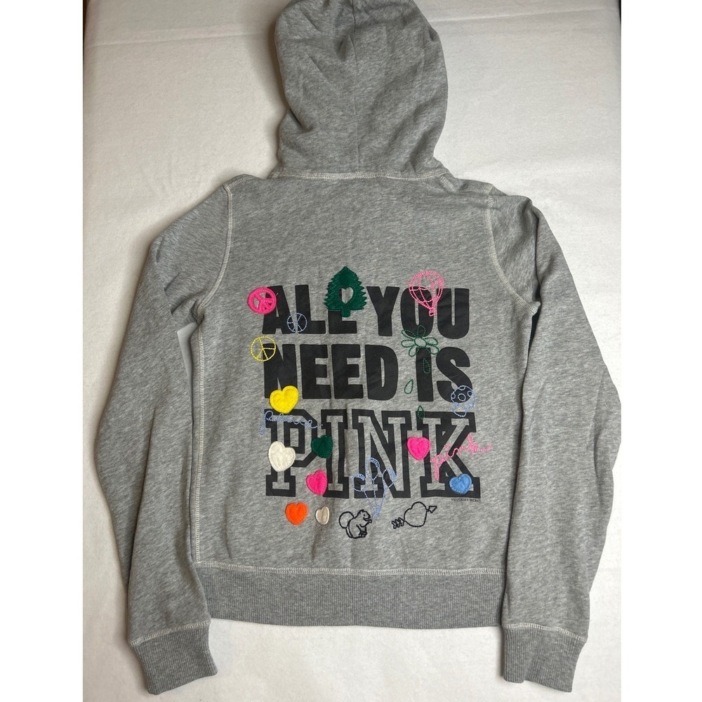 VS PINK All You Need Is PINK Vintage Gray Patch Full Zip Hoodie Small Y2K